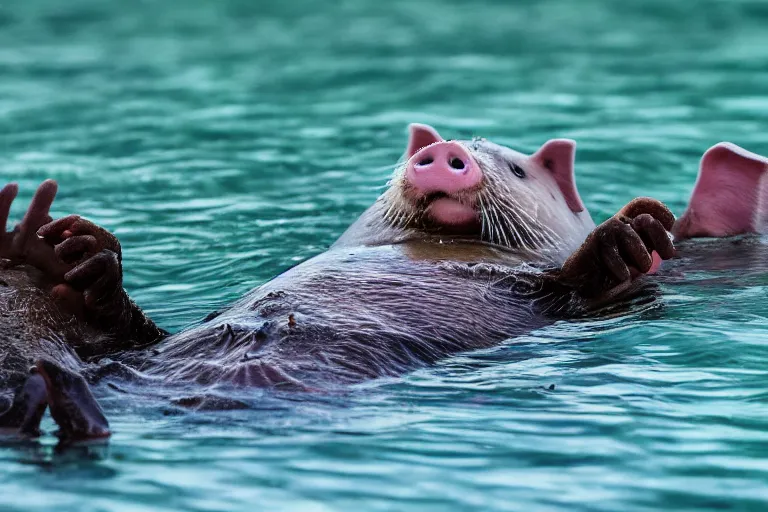 Image similar to a pig sea otter!!! hybrid! hyper realistic!! realistic lighting!! wildlife photographer of the year!!! bold natural colors, national geographic, hd, wide angle, 8 k