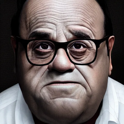 Image similar to hyperrealistic mixed media realistic image of danny devito, stunning 3 d render inspired art by xiang duan and thomas eakes, perfect facial symmetry, hyper realistic texture, realistic, highly detailed attributes and atmosphere, dim volumetric cinematic lighting, 8 k octane detailed render, post - processing, masterpiece,