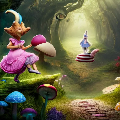 Image similar to Angelina Jolie as Alice in Wonderland talking to the Cheshire Cat that is sitting on a beautiful mushroom, hyperrealistic, highly detailed, depth of field, High definition, 8k, octane render, artstation