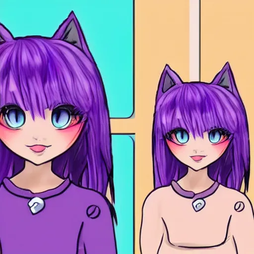 Image similar to Twitter profile picture of an illustrated catgirl with purple hair