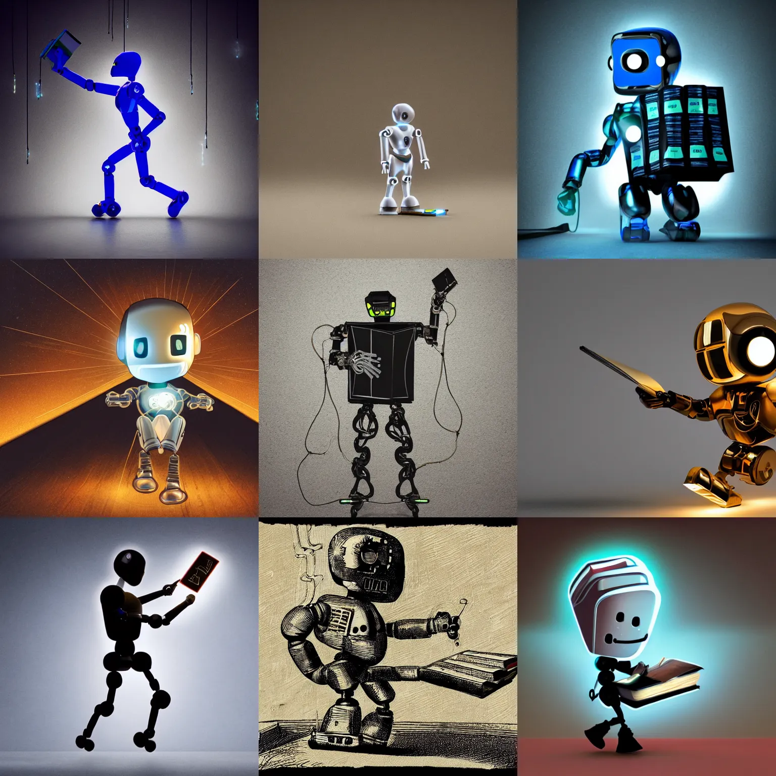 Prompt: running glowing robotic humanoid holding glowing book, dragging broken chains