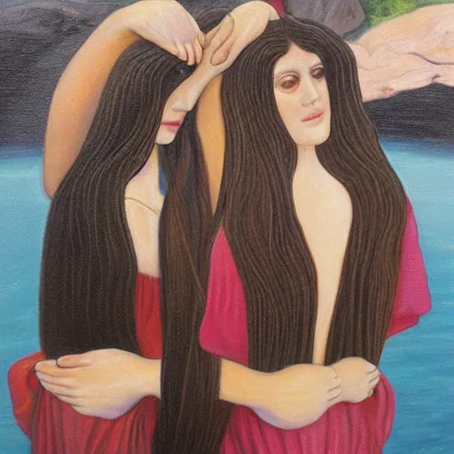 Prompt: The sisters began to slowly braid each others long black hair and looked at their reflection in the river ,highly detailed oil painting in the style of georgia o keefe, n 2