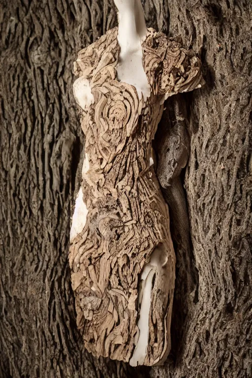 Prompt: A beautiful dress carved out of dead wood with lichen and mushrooms, on a mannequin. High quality, high resolution, studio lighting