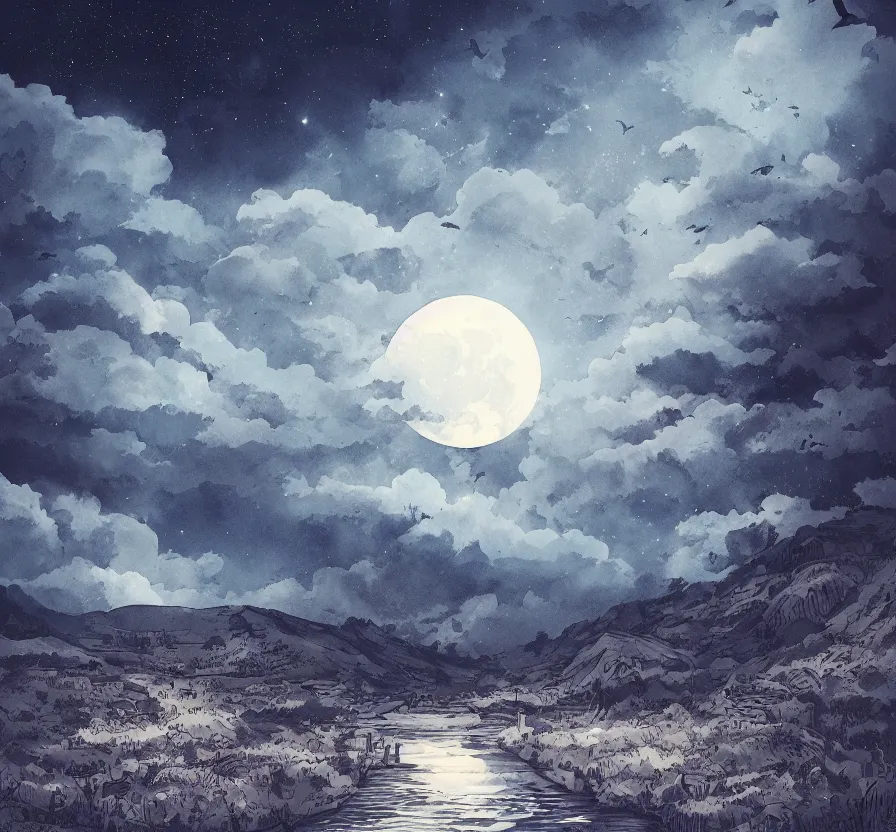 Prompt: day landscape with big moon background, acrilic paint, digital, artstation, detailed, intricate, ink, illustration, heavenly atmosphere