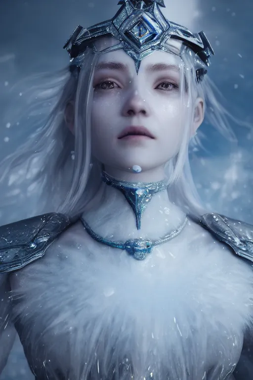 Image similar to ice goddess with beautiful face with a glowing blue crystal on her forehead, frosty white eyes, winter mist around her, white plated armor, pale skin, white smoke ， photorealism, octane render, frostbite, 8 k, cinematic, 3 5 mm, aspect ratio