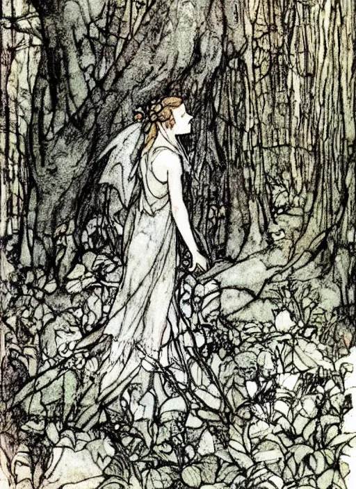 Prompt: fairy girl in forest, arthur rackham