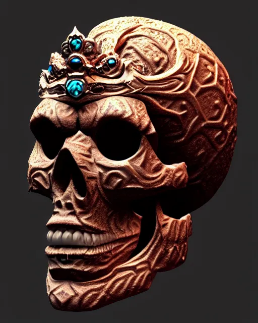 Image similar to 3 d ornate carved dark cosmic king with profile portrait, beautiful intricate highly skull, lava, ice, water, 8 k trending on artstation