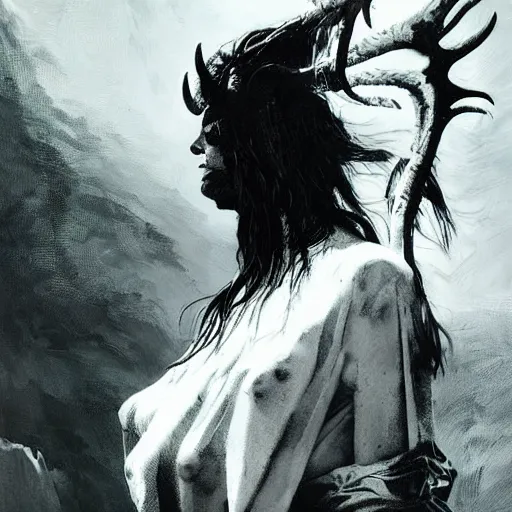 Prompt: epic dramatic portrait of a scandinavian undead witch female with animal horns ram, satanic kvlt by peder balke by peder balke by greg rutkowski, by guido crepax by norman bluhm mystic high contrast monochromatic noir angst
