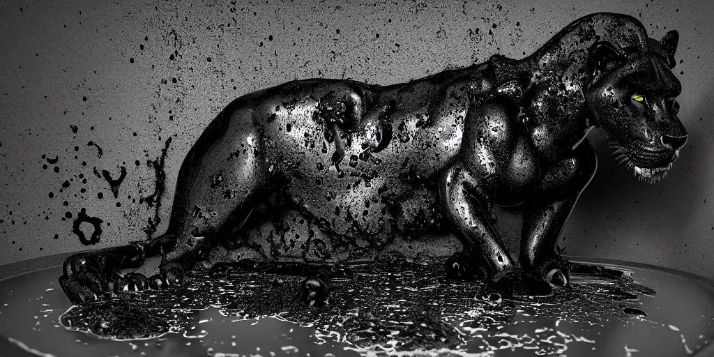 Image similar to a black lioness made of ferrofluid bathing inside the bathtub full of tar, covered with black goo, covered with slime, drooling ferrofluid. dslr, photography, realism, animal photography, color, modern bathroom, hyper realistic, 8 k resolution, v - ray, 3 d render