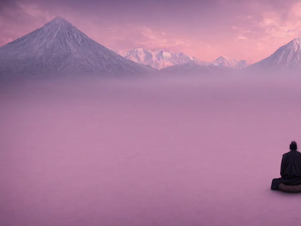 Image similar to lone japanese edo samurai sitting meditating in the middle of a soft glow pink desert with snow mountains and cloudy skies, long exposure, detailed, hyper realistic, photorealism, landscape, ultra wide angle view, peaceful, cinematic, volumetric lighting, god ray