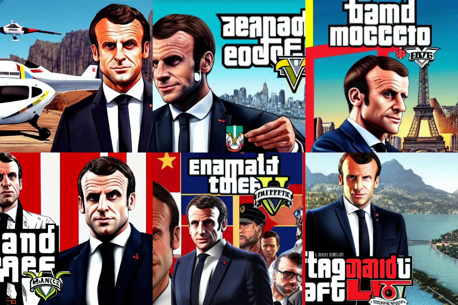 Prompt: Emmanuel Macron on GTA V cover art