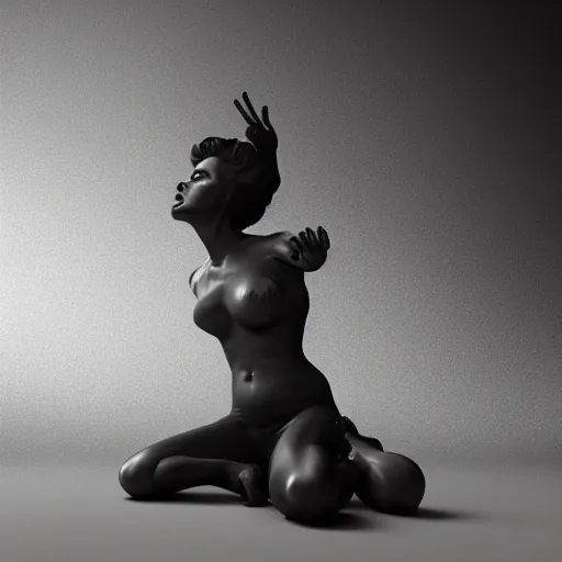 Image similar to 3 d fluid simulation render, octane render, xparticles, black color, female body, abstract sculpture