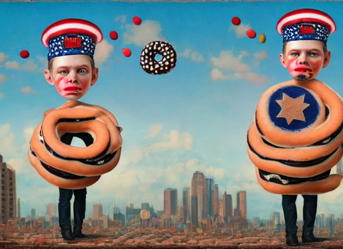 Image similar to american captain made of donuts, lowbrow, matte painting, 3 - d highly detailed, in the style of mark ryden,