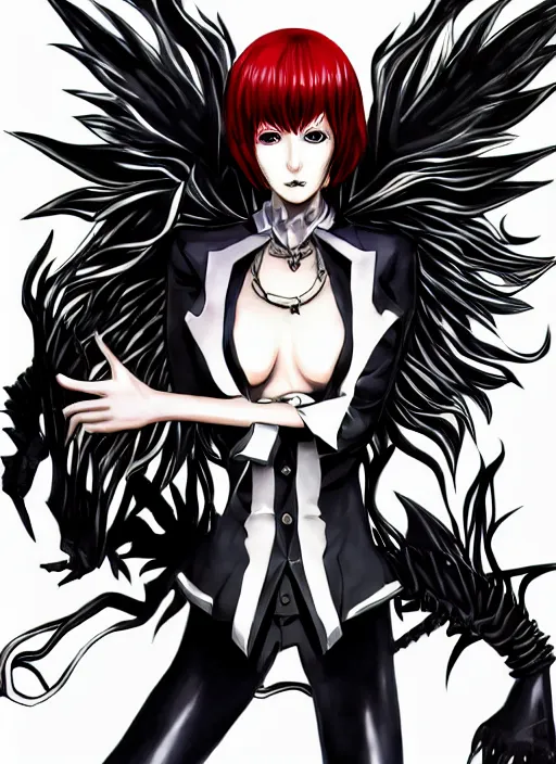 Image similar to shin megami tensei art of a demon called margaret!!!!!!! thatcher!!!!!!!, art by kazuma kaneko, demonic! compedium!, digital drawing, law demon, white background, high quality, highly detailed