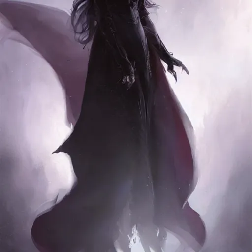 Image similar to a spooky female shadowy elf in dark robes, short curly black hair bangs, dnd character art portrait, by ruan jia