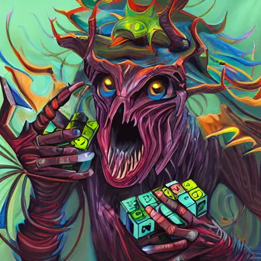 Image similar to illustration image for rubik's cube as a magic the gathering creature, highly detailed, fantasy, cartoon style, painting
