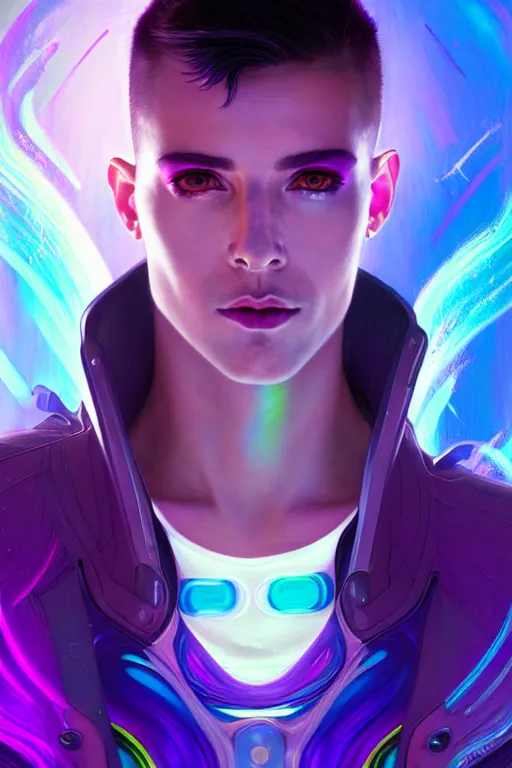 Image similar to portrait of a beautiful young fit cyberpunk man, rainbow futuristic hairs, digital tatoos, holographic clothes, psichedelic, by greg rutkowski and alphonse mucha, d & d character, gradient purple to silver, in front of a futuristic background, highly detailed portrait, digital painting, artstation, concept art, smooth, sharp focus ilustration, artstation hq