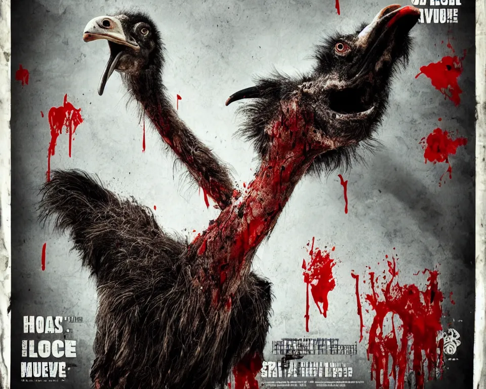 Prompt: a horror movie poster featuring a ostrich covered in blood with a human arm in it's mouth