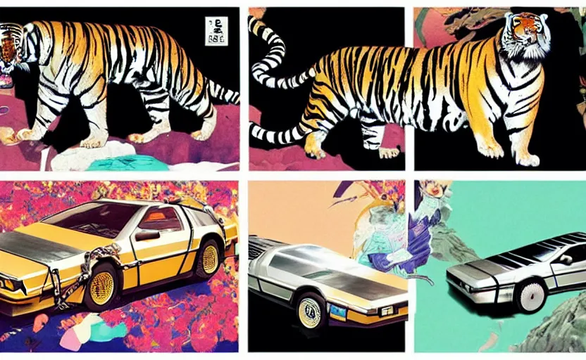 Image similar to a delorean and a tiger, colourful magazine collage, art by hsiao - ron cheng and utagawa kunisada, # e 5 3 7 1 b, # e 4 e 6 2 0, # de 9 5 f 0