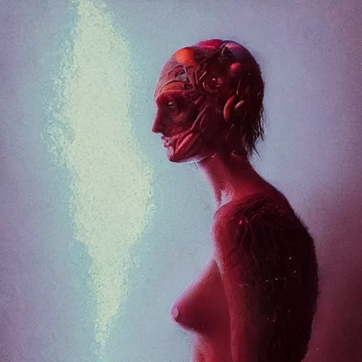 Prompt: a beautiful woman bathed in blue light and standing in a burgundy room looking vacant by arcimboldo, david lynch, greg rutkowski, trending on artstation