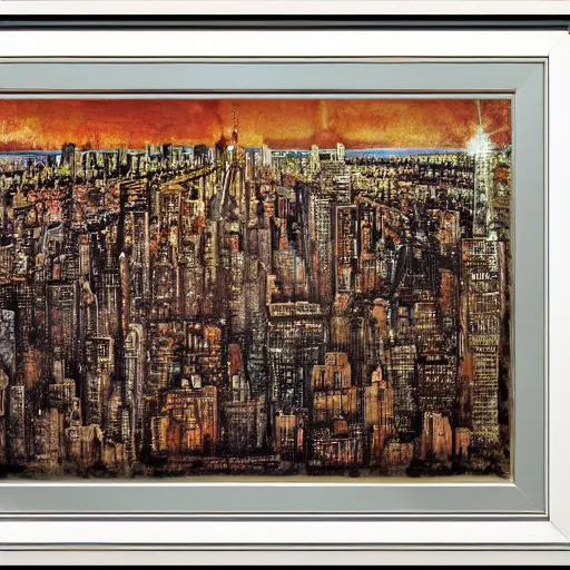 Image similar to cave painting of new york city on a cave wall, cave painting, detailed