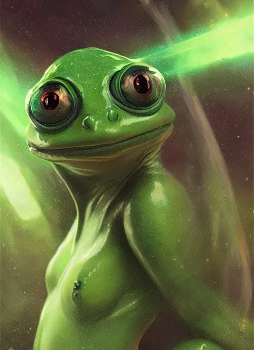 Image similar to portrait of my ethereal waifu cute innocent green slimy alien female froggy lady,, with adorable uwu eyes painted by greg rutkowski, wlop, 7 0 s scifi