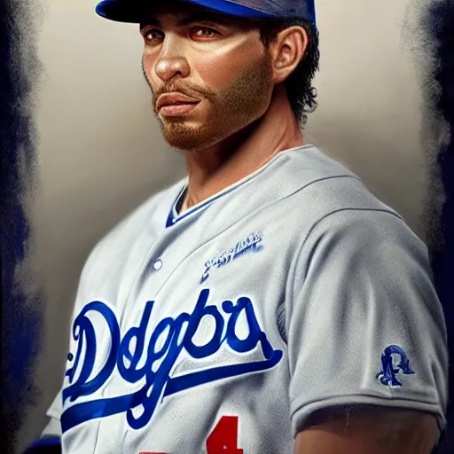 Image similar to portrait painting of los angeles dodger baseball player, unshaven, ultra realistic, concept art, intricate details, serious, highly detailed, photorealistic, octane render, 8 k, unreal engine. art by artgerm and greg rutkowski and alphonse mucha