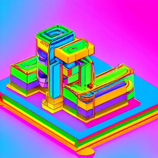 Prompt: an isometric exterior architectural rendering of an infinitely flowing sawtooth interlocking right-angles neon artificial mind-boggling Perpetual Motion Machine made entirely out of colorful wax and plastic, in a highly futuristing Lisa Frank aesthetic although a bit more subdued than Lisa Frank