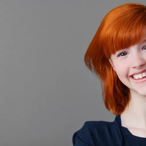 Prompt: school picture day photo of Young woman with auburn hair looking into the camera and smiling slightly, ultrarealistic, 8k