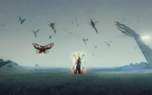 Prompt: Mattepainting of a man in a space ranger unform surrounded large moths, digital illustration by Greg Rutkowski and Zdislav Beksinski