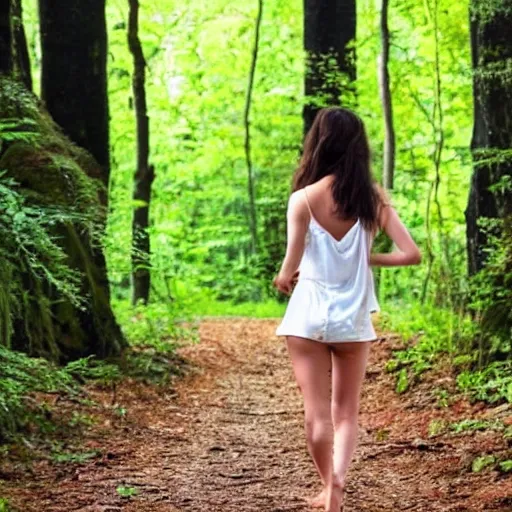 Prompt: brunette angel walking barefoot in the forest