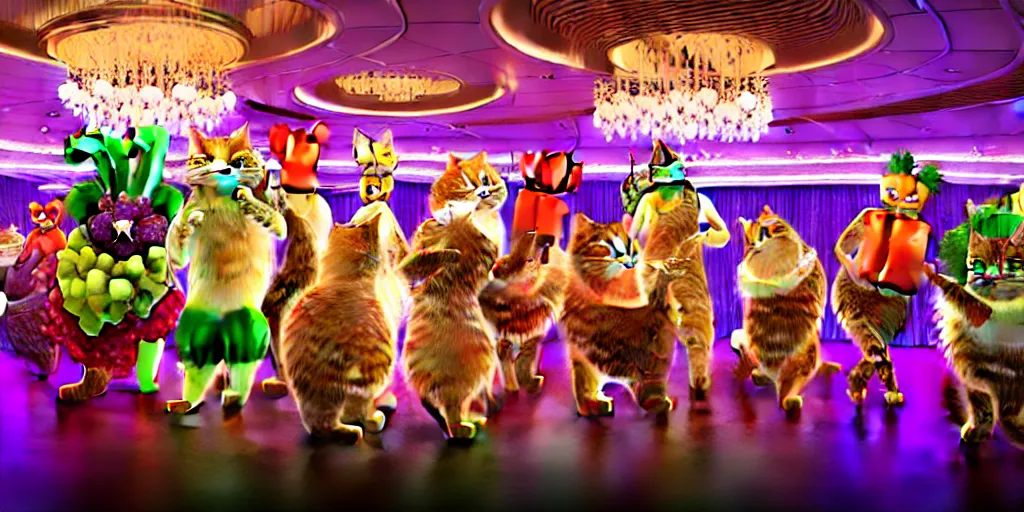 Image similar to 8 k uhd cinema 4 d, octane render of multiple cats dressed as vegetables with vegetables as masks, vegetables dressed as cats with fluffy tails, line dancing at a party, in the ballroom of a luxury cruise liner, beautiful chandeliers from the ceiling, ultra realistic, group photography, 1 0 5 mm lens, multi coloured volumetric lighting