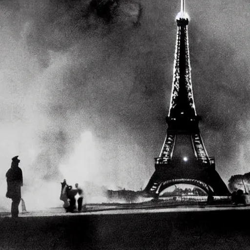 Prompt: black and war photograph of the Eiffel Tower aflame crashing on the ground triggering a huge blast of dust