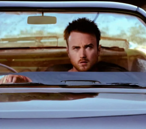 Prompt: extremely muscular Jesse Pinkman sitting in an El Camino car, close up, movie still, photorealistic, shot by Vince Gilligan