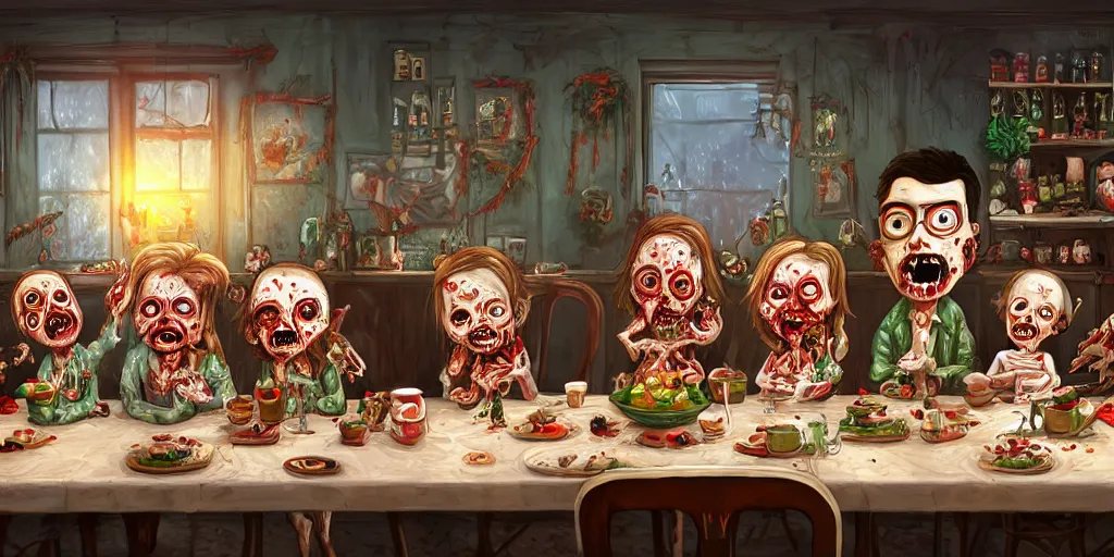 Image similar to a zombie family christmas diner, wide angle, super highly detailed, professional digital painting, artstation, concept art, smooth, sharp focus, no blur, no dof, extreme illustration, unreal engine 5, photorealism, hd quality, 8 k resolution, cinema 4 d, 3 d, beautiful, cinematic, art by tim burton