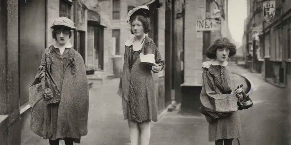 Prompt: a young red haired woman with freckles looks deeply into the camera, 1920's london street, 100, 50mm, art nouveau, f4.0, style of Joel Meyerowitz