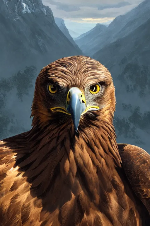 Prompt: portrait, golden eagle on his Nest in the mountains, face portrait, raphael lacoste, eddie mendoza, alex ross, concept art, matte painting, highly detailed, rule of thirds, dynamic lighting, cinematic, detailed, denoised, centerd