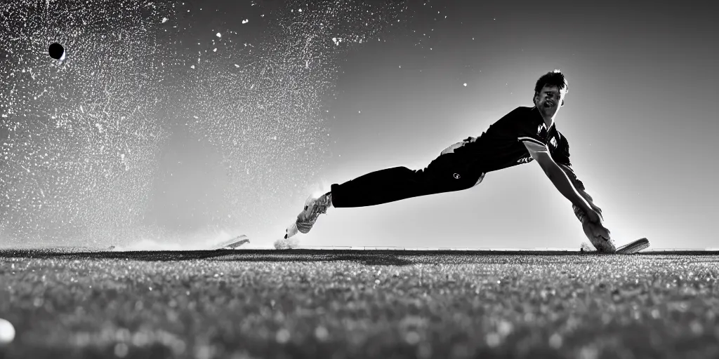 Image similar to Close up portrait of a Cricket Player, award winning photograph, 50 mm lens and f/12.0, fast shutter speed of water floating in the air