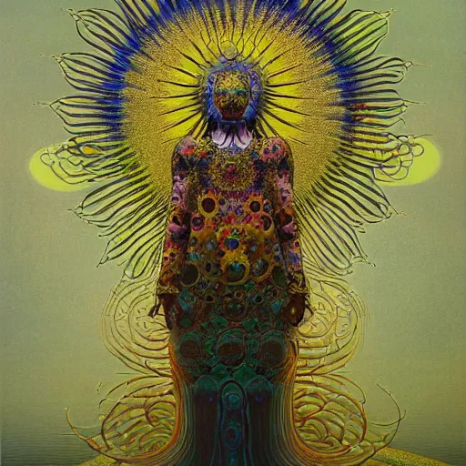 Prompt: the queen of the sun by takashi murakami and zdzisław beksiński, full body, oil on canvas, intricately detailed artwork, full 8k high quality resolution, recently just found unknown masterpiece