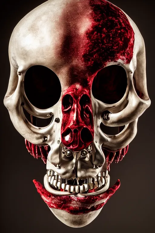 Image similar to a human mandible made with chrome, metallic sculpture, layed on a red velvet fabric, by hedi xandt and antonio corradini, vivaldi and emil melmoth macabre art, dark surrealism, epic and cinematic view, volummetric light, texturized, detailed, 8 k