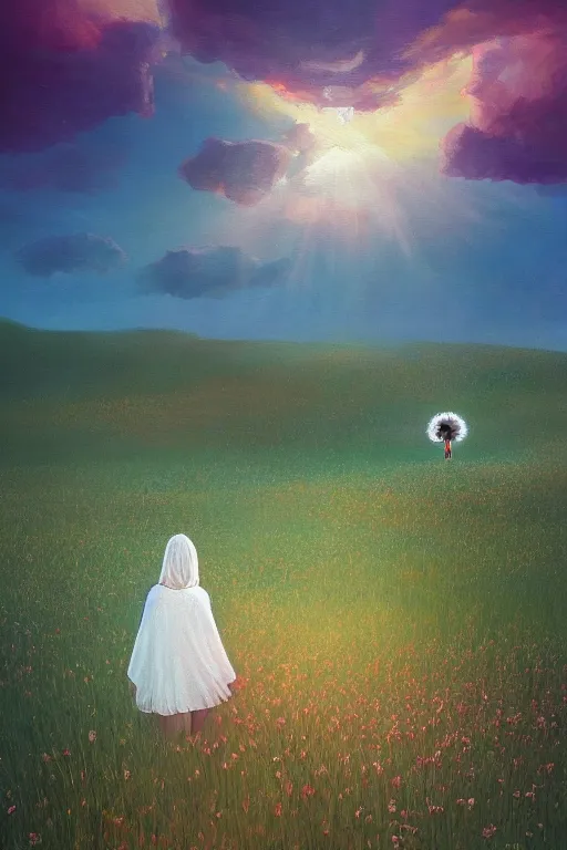 Image similar to giant white daisy flower veil head, girl walking in a flower field, surreal photography, sunrise, dramatic light, impressionist painting, colorful clouds, digital painting, artstation, simon stalenhag