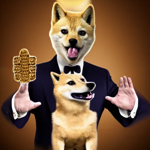 Image similar to Doge with donald trump body, realistic artstyle, wide shot, dramatic lighting, octane render, hyperrealistic, high quality, highly detailed, HD, beautiful, cinematic, 8k, unreal engine, facial accuracy, symmetrical