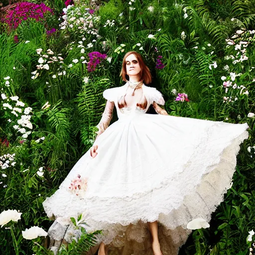 Image similar to full body fashion model emma watson by Winslow Homer smokey eyes makeup eye shadow fantasy, glow, shimmer as victorian woman in a long white frilly lace dress and a large white hat having tea in a sunroom filled with flowers, roses and lush fern flowers ,intricate, night, highly detailed, dramatic lighting , high quality