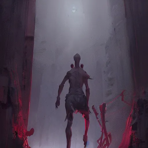 Prompt: concept art by greg rutkowski, a very tall and slender young man, running away from a horrible creature made of twisted flesh, futuristic setting, reddish lighting, scary and creepy atmosphere, low lighting, scifi, highly detailed portrait, digital painting, artstation, concept art, smooth, sharp foccus ilustration, artstation hq