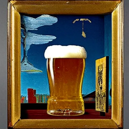 Prompt: A pint of beer sitting on a bar as painted by Joseph Cornell