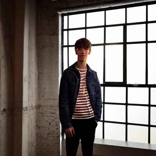 Image similar to un ultra high definition studio quality photograph of a young man standing in a unique london studio environment wearing all eclectic clothes whilst watching the sun rising through a large window. wide angle. three point light. extremely detailed. golden hour, golden ratio, ray tracing, volumetric light, shallow depth of field.