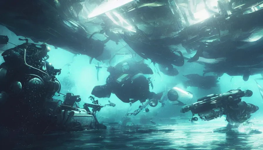 Image similar to underwater walking military mechs, glowing lights, tropical fish, manta rays, light, shadows, rippling reflections, epic composition, intricate, elegant, volumetric lighting, digital painting, highly detailed, artstation, sharp focus, illustration, concept art, ruan jia, steve mccurry