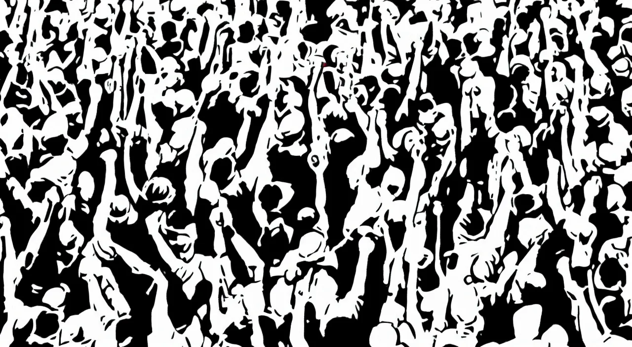 Prompt: black and white, high contrast, low angle, pop art of a group of workers raising their fists