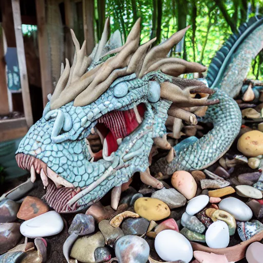 Image similar to Dragon made of clay and seashells on display in the back of the red schoolboys garden shed in the disco center for the mentally disabled in Connecticut.