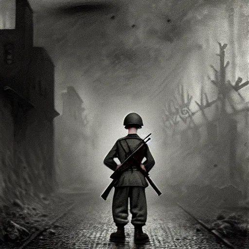 Prompt: eerie, the holocaust in roblox, very old photo, photo from 1940s, war photograph, very authentic, very detailed, dramatic, intricate, highly detailed, digital painting, artstation, concept art, smooth, sharp focus, illustration, art by Gustave Dore, octane render